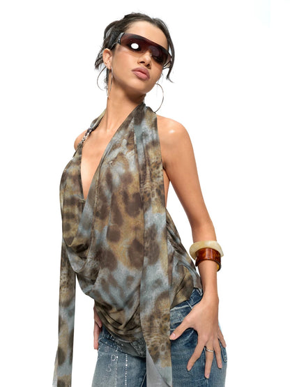 JYOSEI Leopard Print Flowy Backless Ring Detail Cowl Top