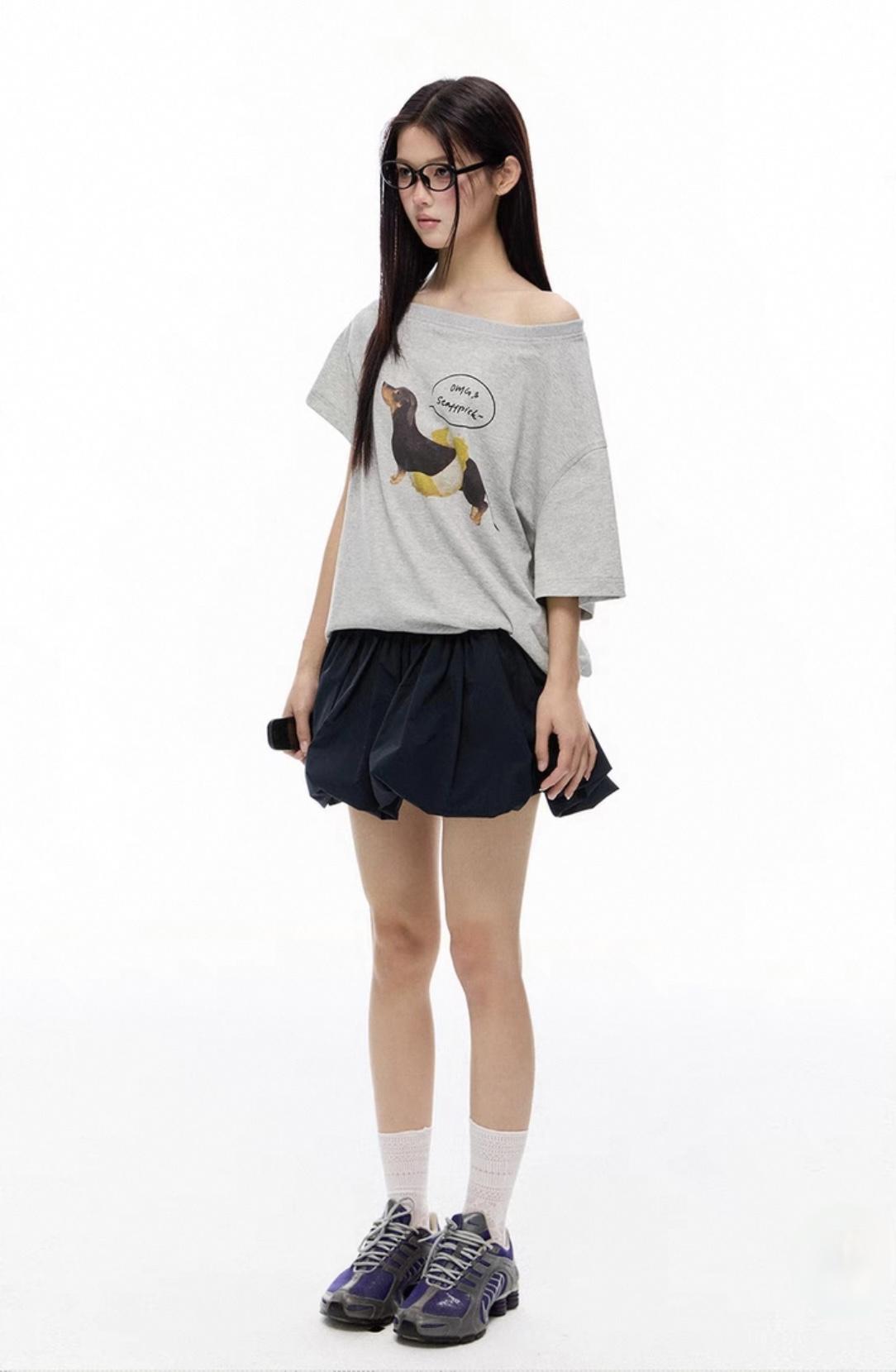 Slouchy Dog Print Off-Shoulder Tee