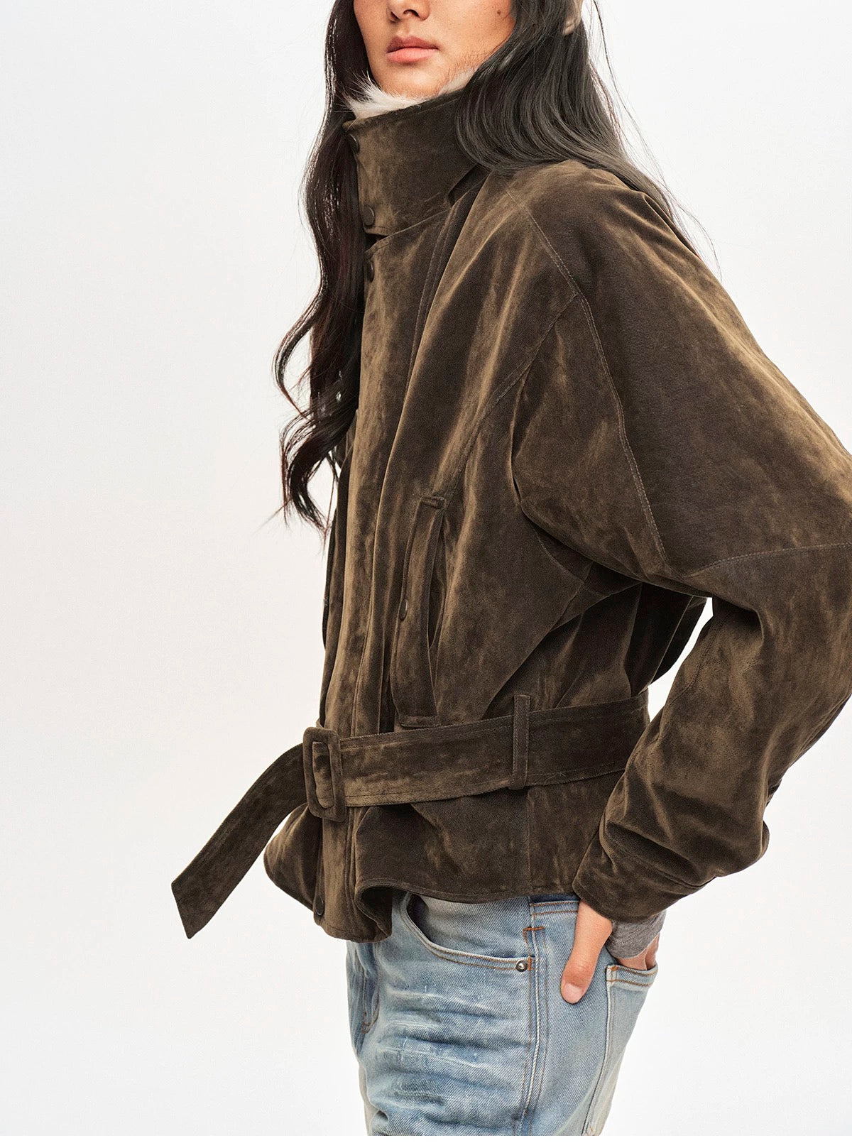 Right Above Flocked Denim Faux Mink Belted Jacket