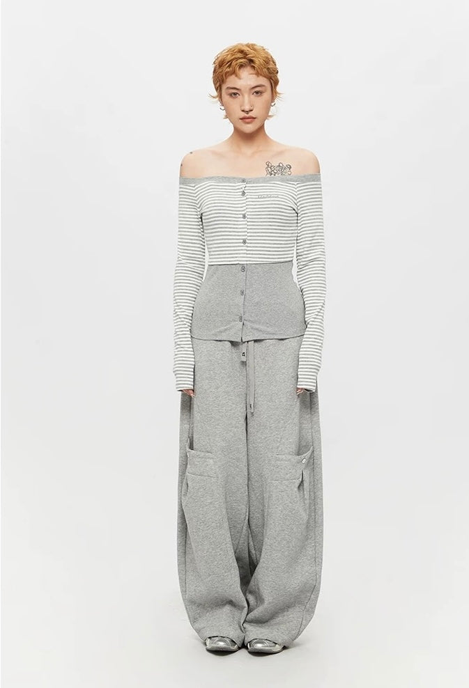 Light Grey Wide Leg Cargo Joggers