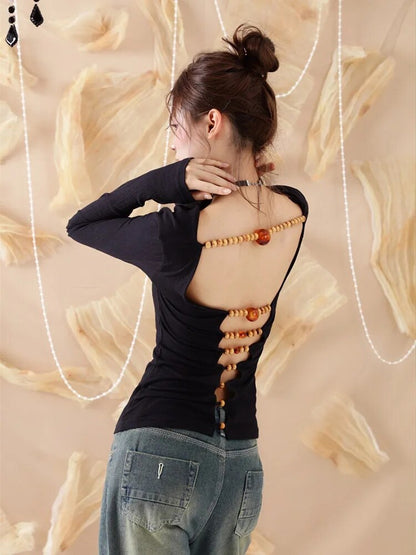 Backless Beaded  Long-sleeved T-shirt