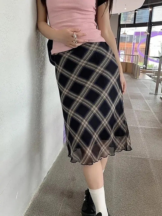 90s Style Plaid Midi Skirt