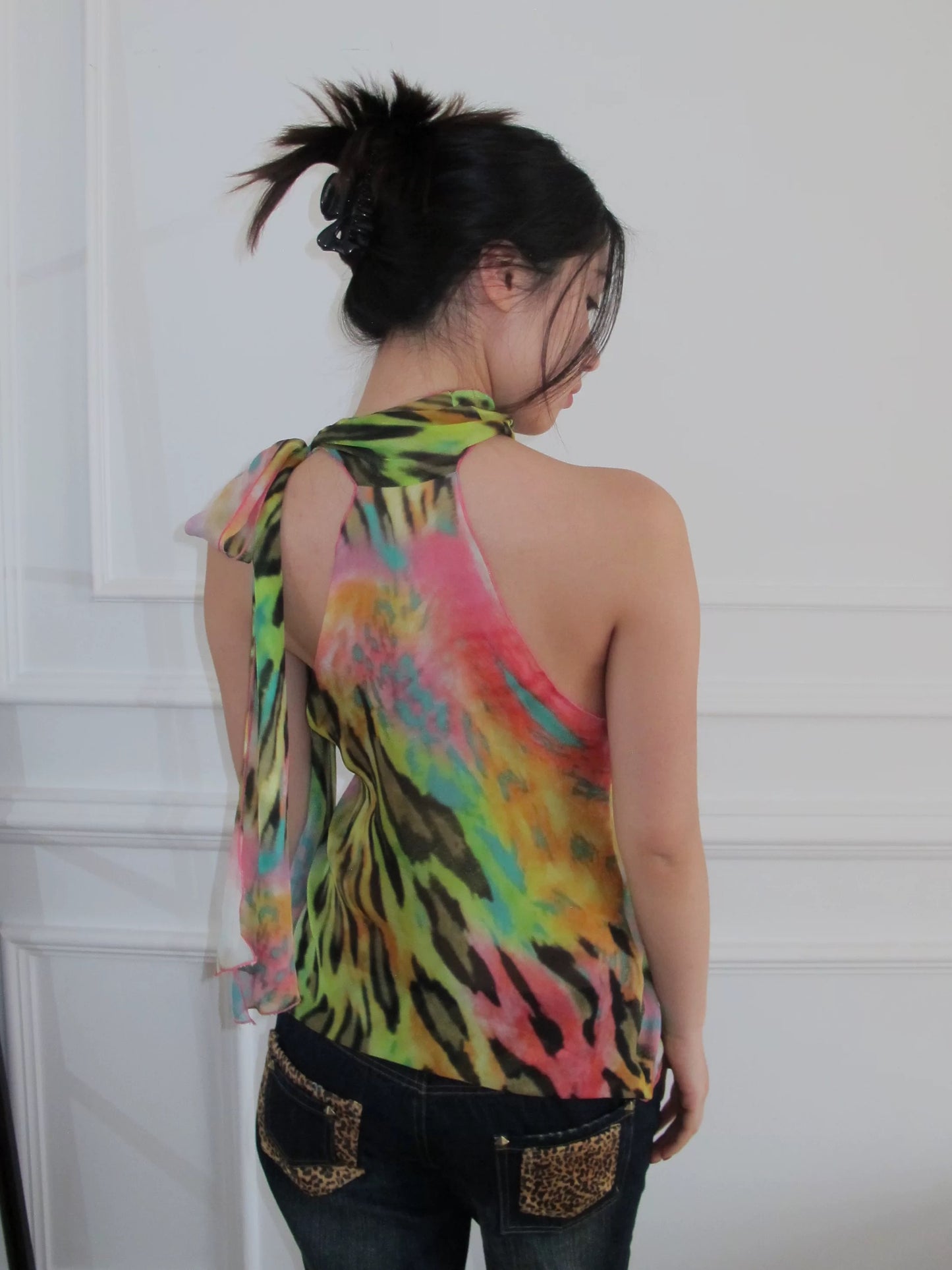 WildFLO Silk Neon Leopard Print Halter Neck Blouse