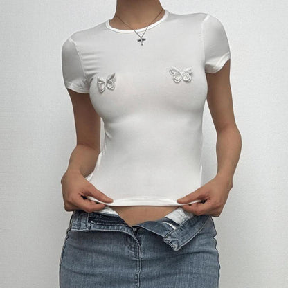 Short Sleeve Butterfly Embroidered Crop Top