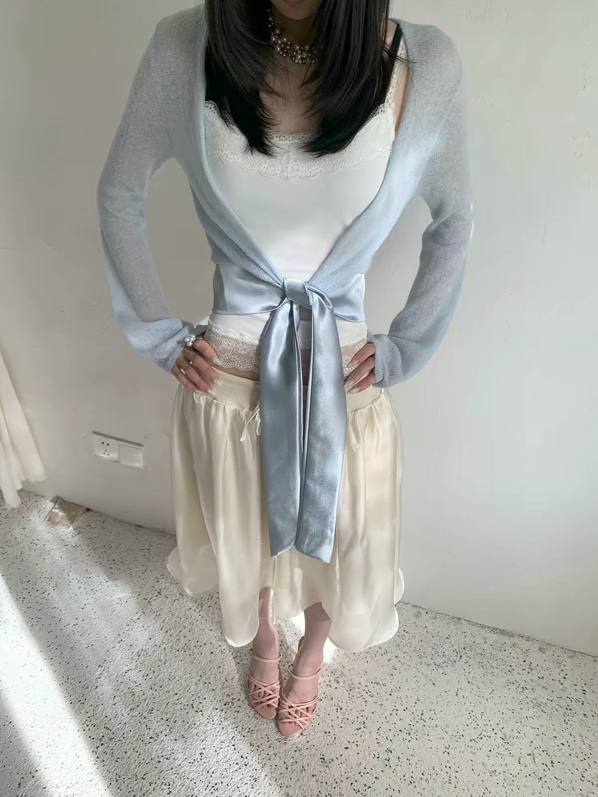 AURO MORE Satin Tie-Front Semi-Sheer Knit Cardigan