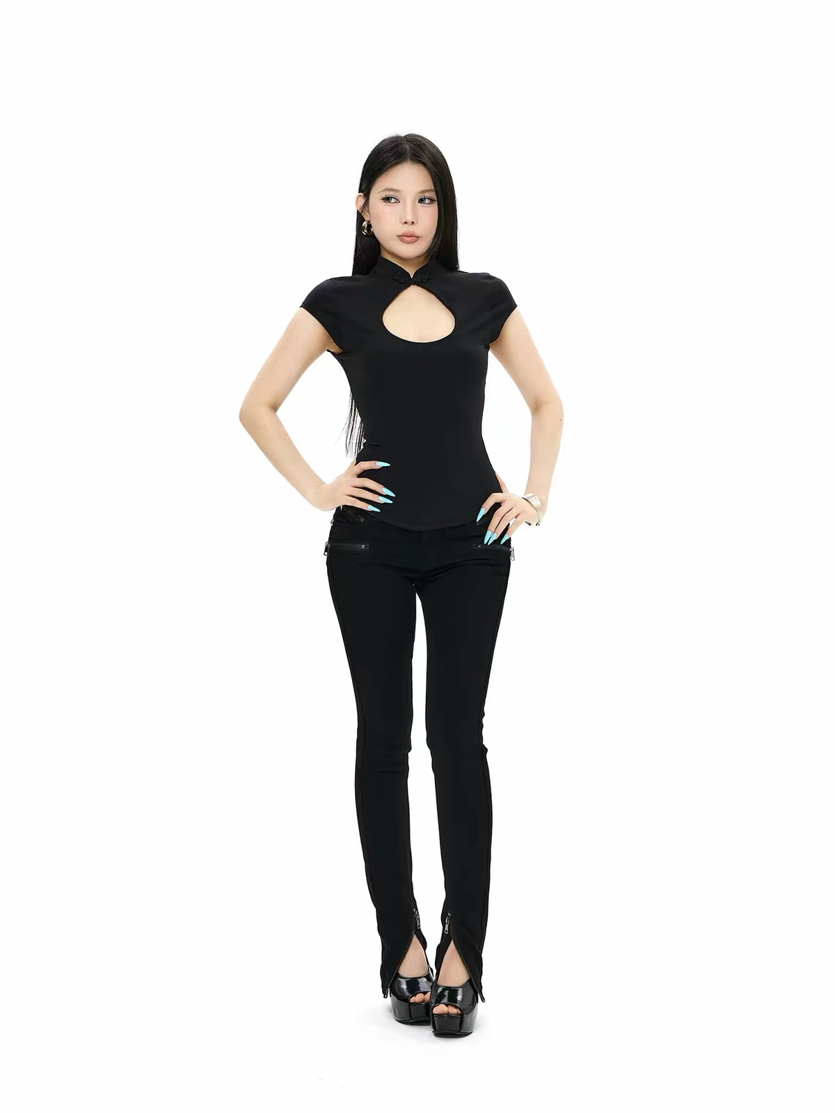 Cut Out Mandarin Collar Top