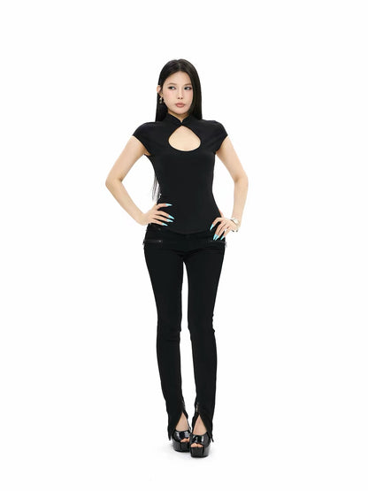Cut Out Mandarin Collar Top