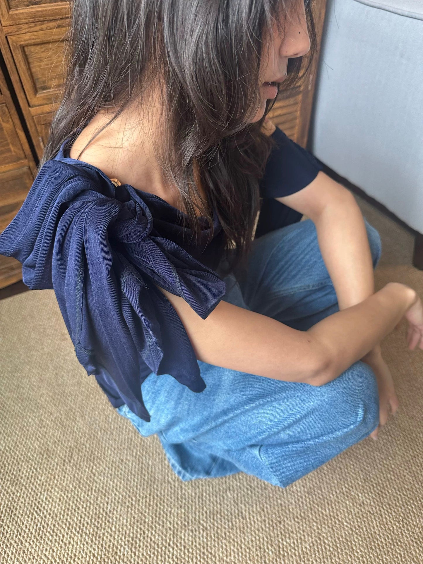 Draped Asymmetric Navy Top