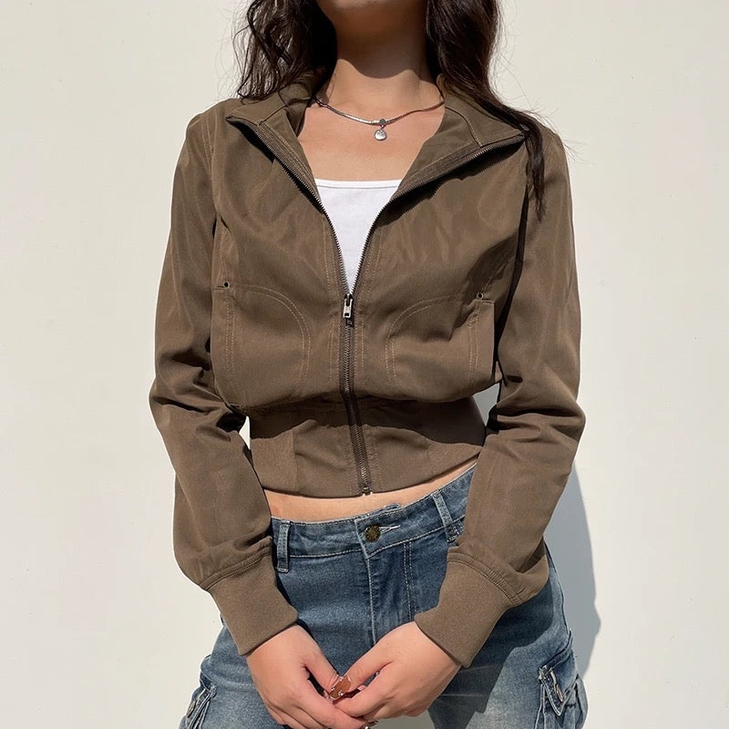 Brown Zip Up Bomber Jacket