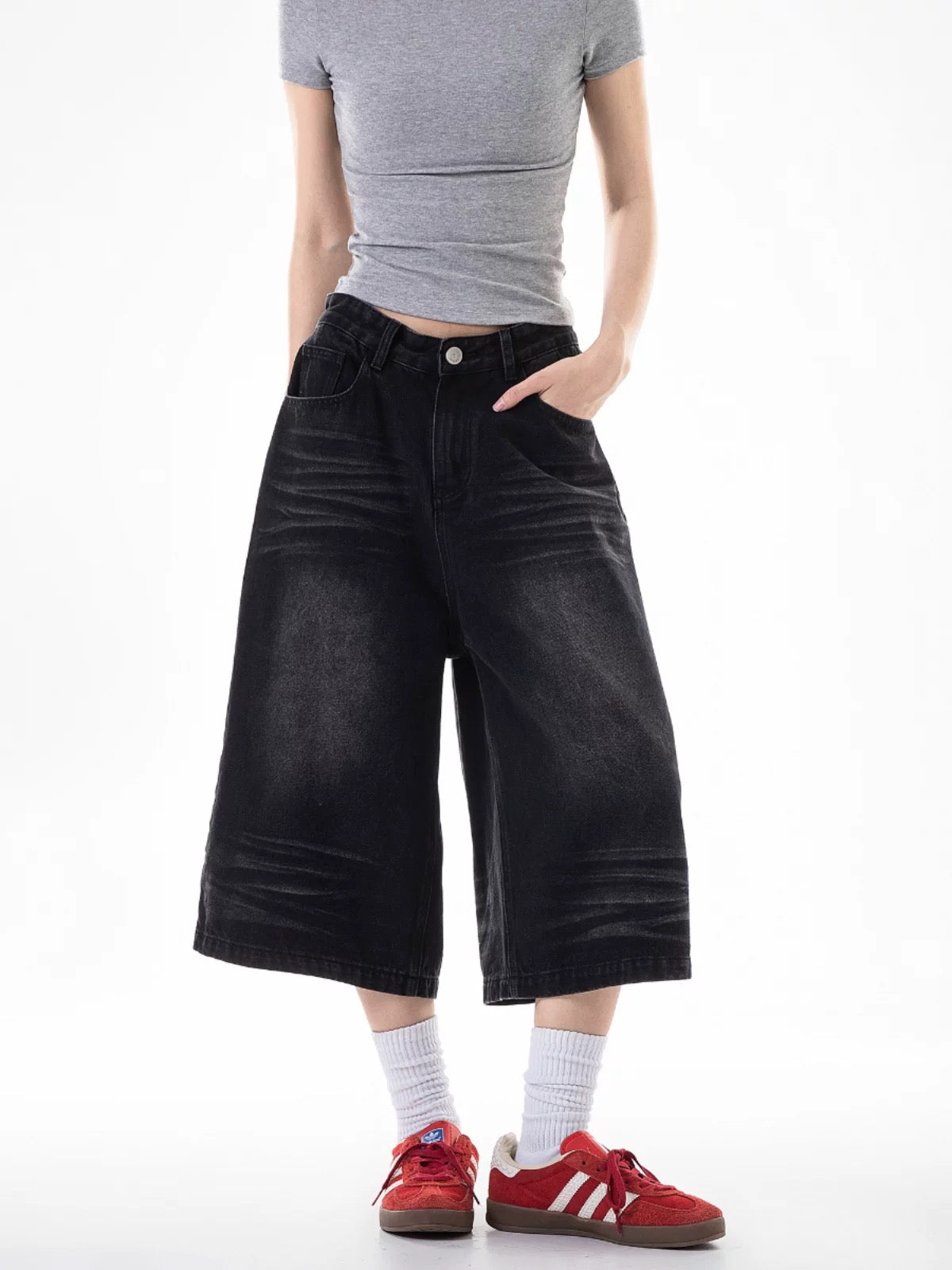 Low Waist Washed Denim Jorts