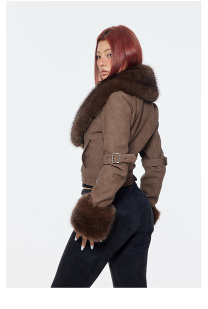 Bum Studios Detachable Fur Collar Heavy Leather Two-Way Jacket