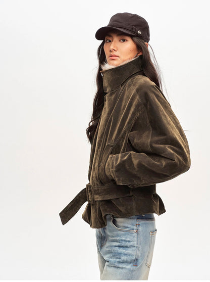 Right Above Flocked Denim Faux Mink Belted Jacket
