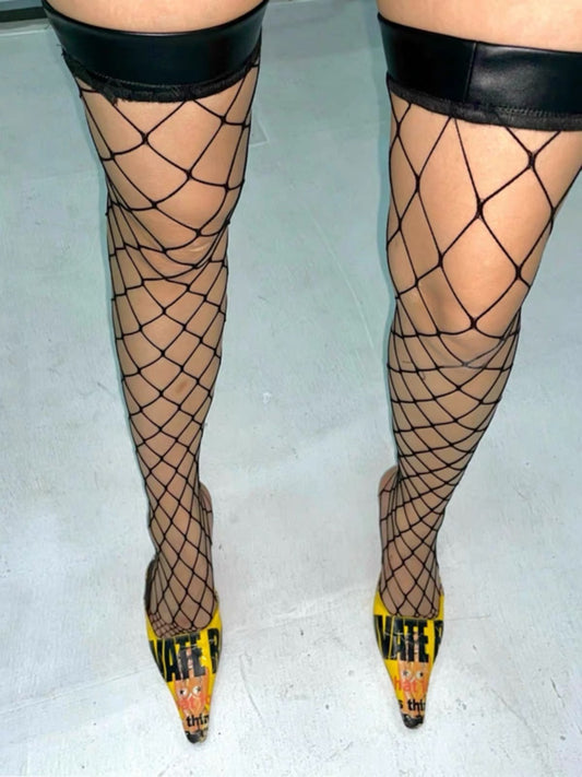 PU Leather Fishnet Thigh High Stockings