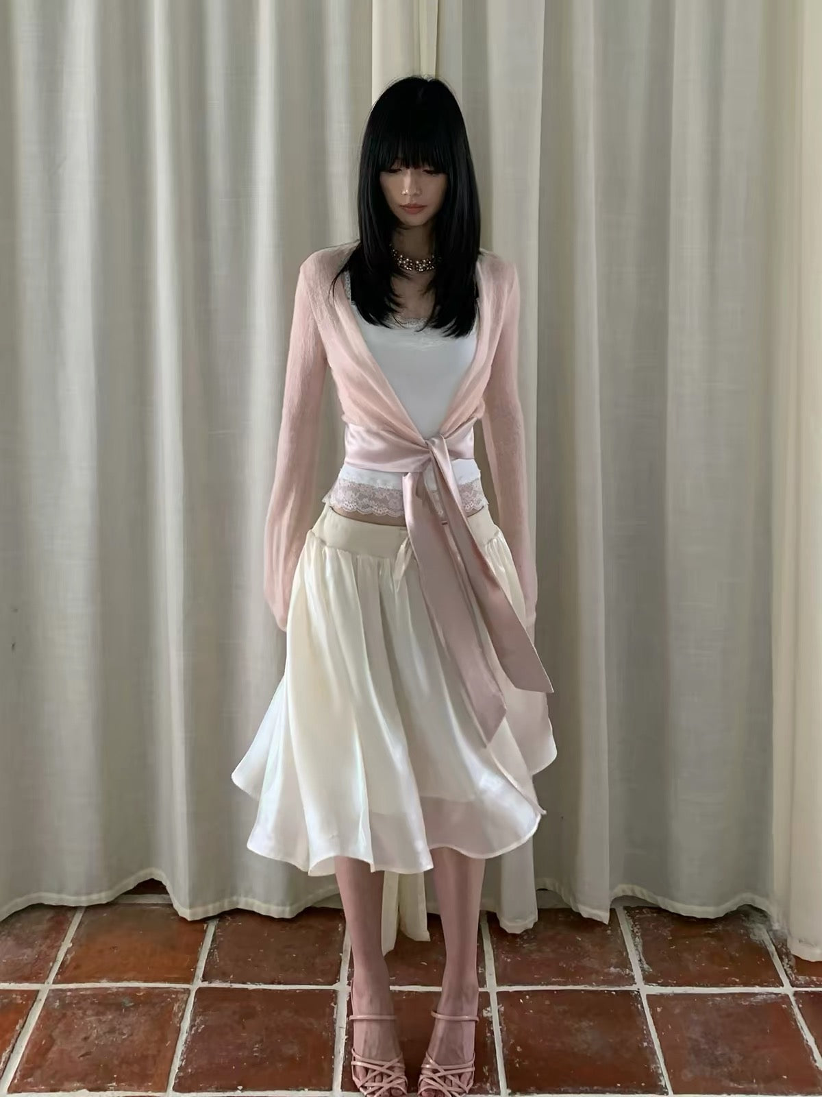 AURO MORE Satin Tie-Front Semi-Sheer Knit Cardigan