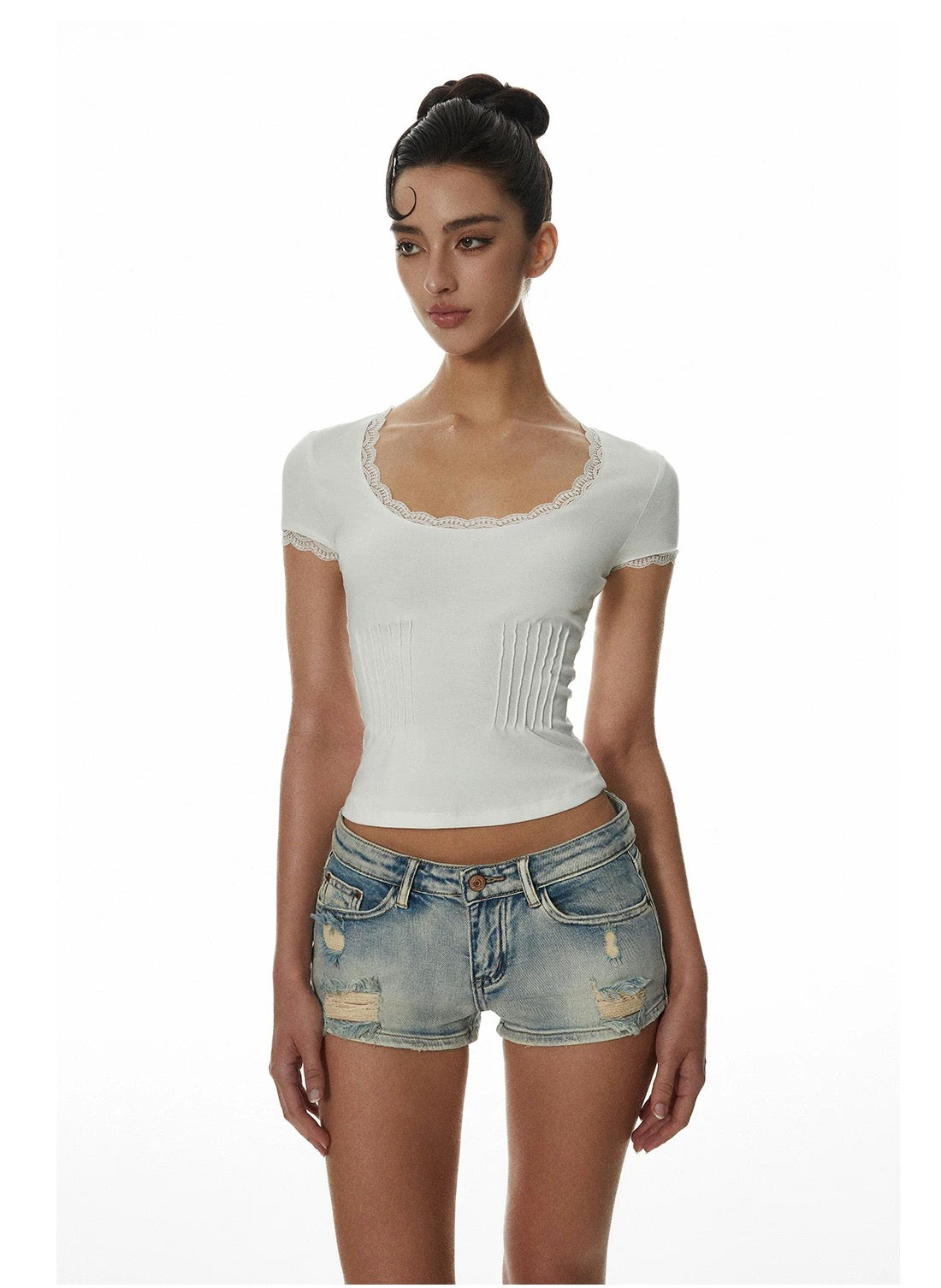 Lotus Million White Lace Trim Short Sleeve Top