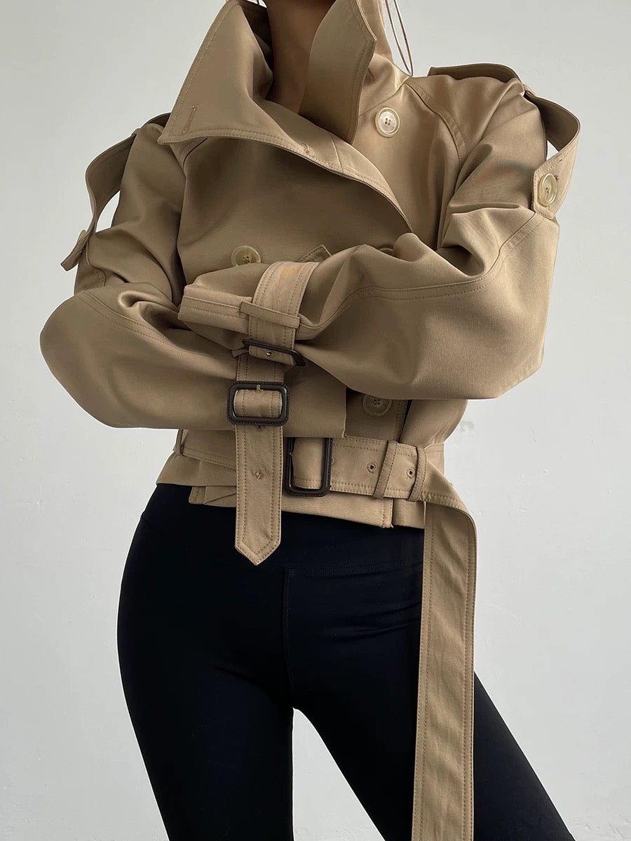 Beige Buckle Detail Trench Jacket