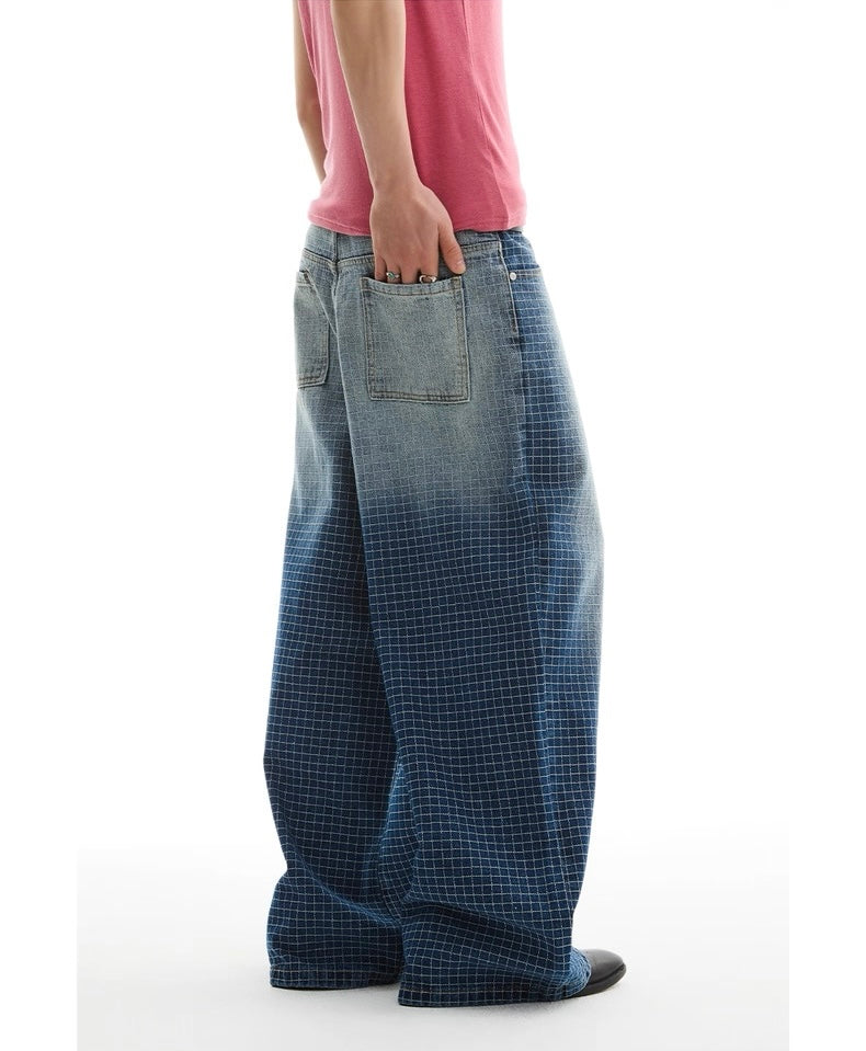 Checkered Washed Wide Leg Jeans