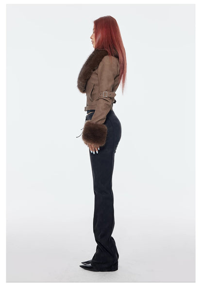 Bum Studios Detachable Fur Collar Heavy Leather Two-Way Jacket