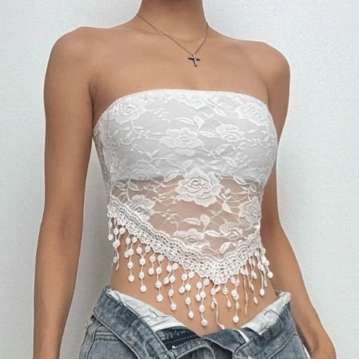 Lace Flower Embroidery Tassel Tube Top