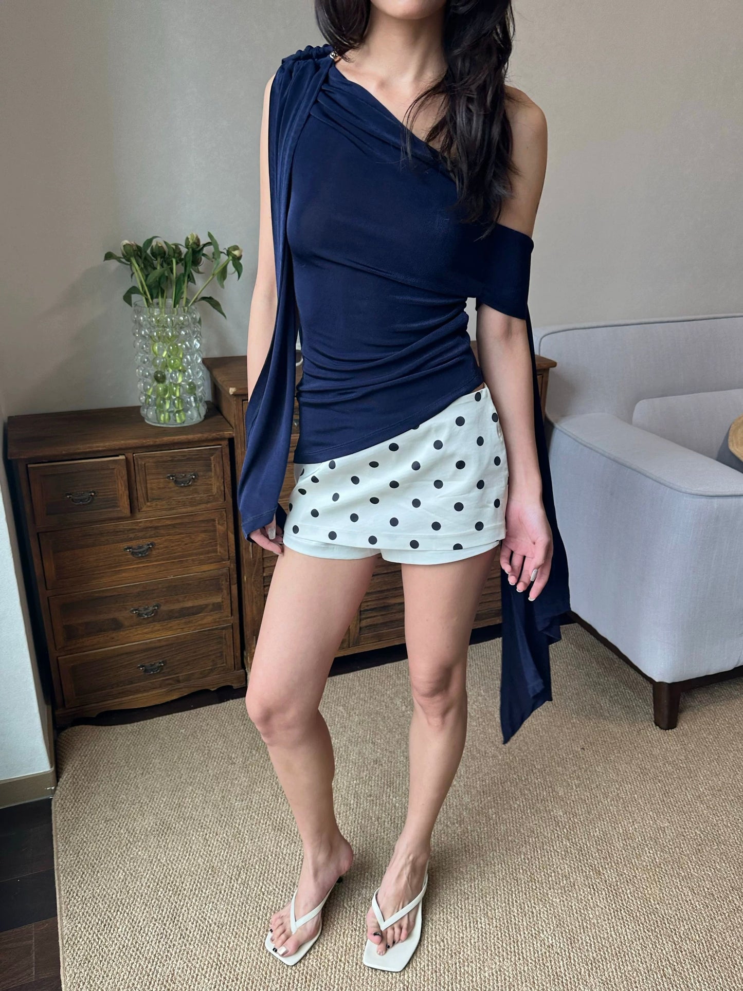 Draped Asymmetric Navy Top