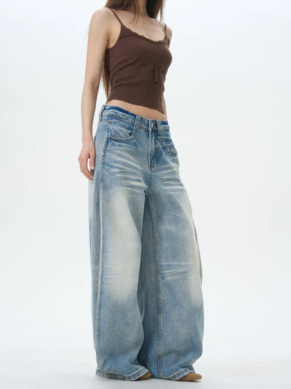 Light Wash Wide Leg Straight Jeans with Crease Effect