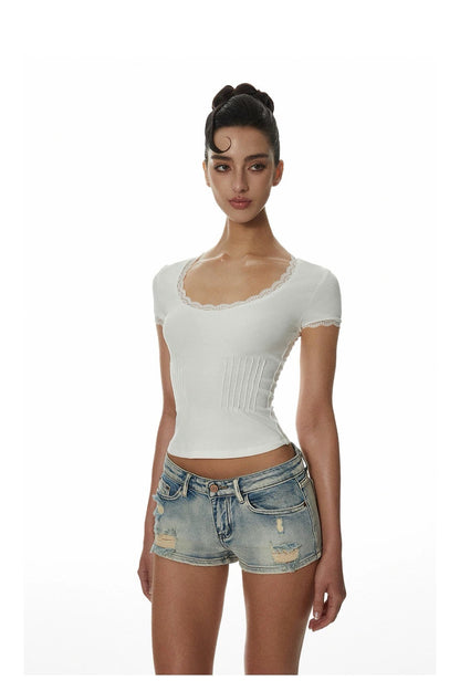 Lotus Million White Lace Trim Short Sleeve Top