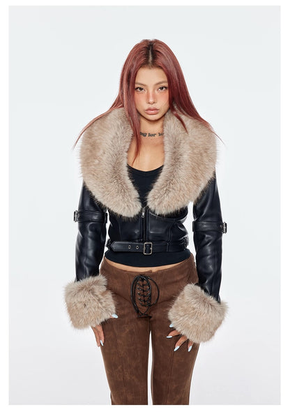 Bum Studios Detachable Fur Collar Heavy Leather Two-Way Jacket