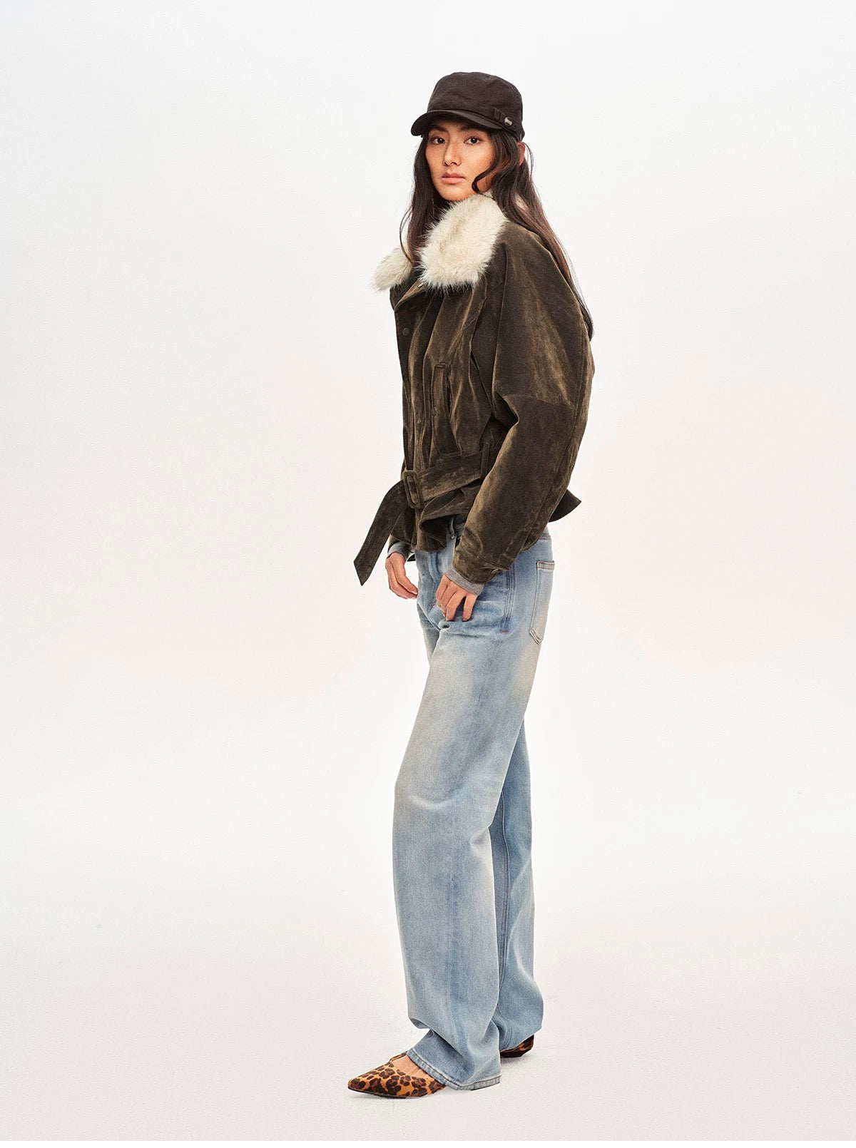 Right Above Flocked Denim Faux Mink Belted Jacket