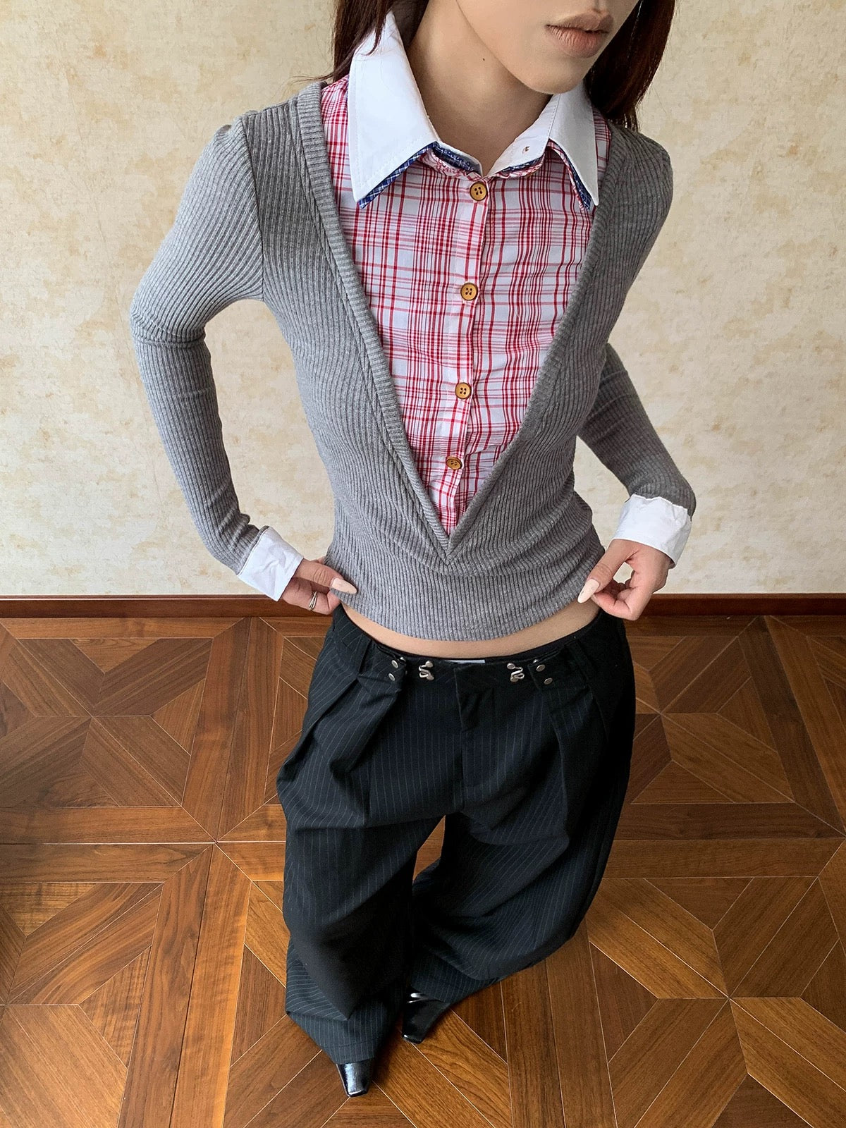 Layered Plaid Collar Knit Top