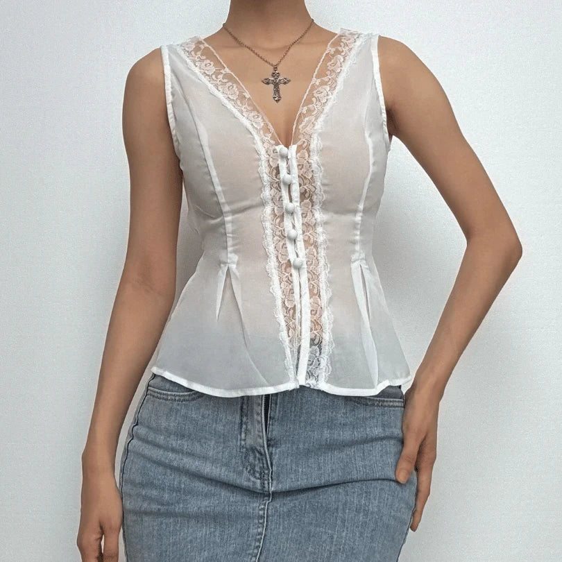 Lace Trim Button Down Sleeveless Top