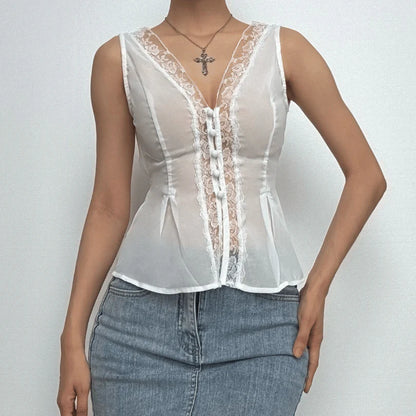 Lace Trim Button Down Sleeveless Top