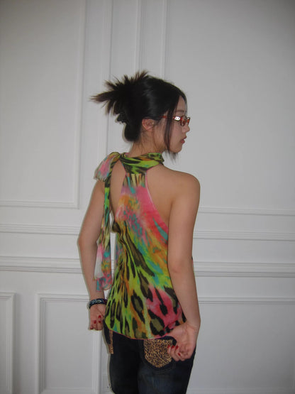 WildFLO Silk Neon Leopard Print Halter Neck Blouse