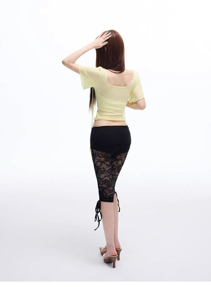 COMMON IN 0120 Tie Cuff Floral Lace Sheer Capri Leggings