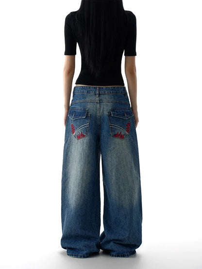 Dark Wash Embroidered Denim with Brass Rivets