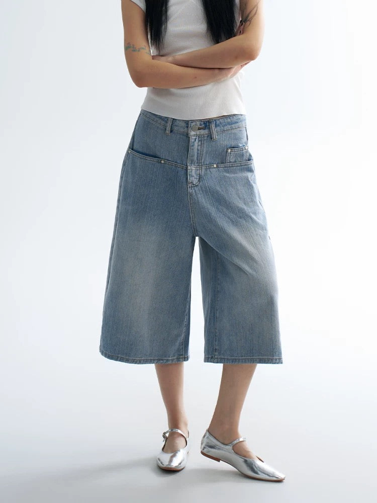 Light Blue Shorts with Straight Pocket Detail