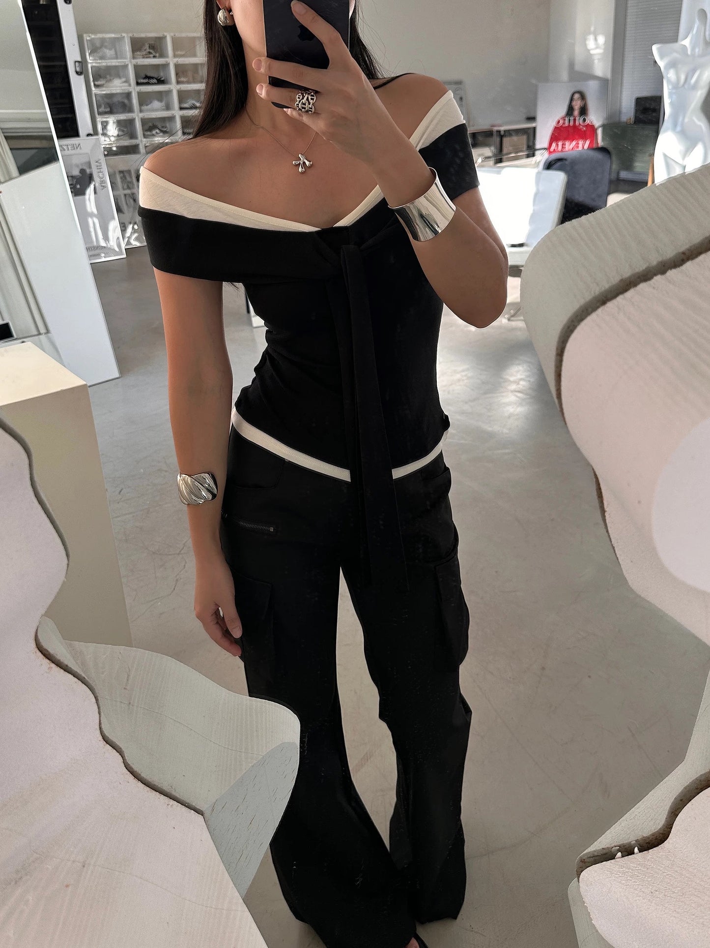 Contrast Off-Shoulder Tie Top