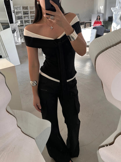Contrast Off-Shoulder Tie Top