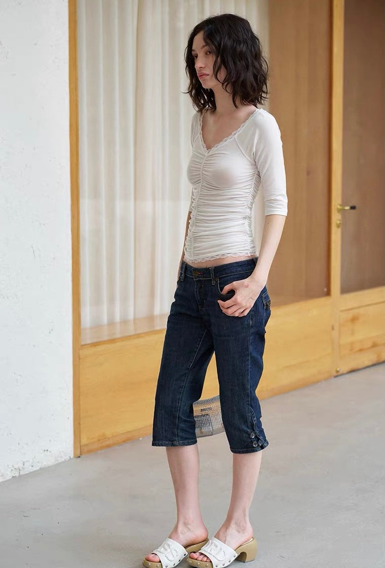 SOLWEIGE Ruched Open Back Lace Trim Top