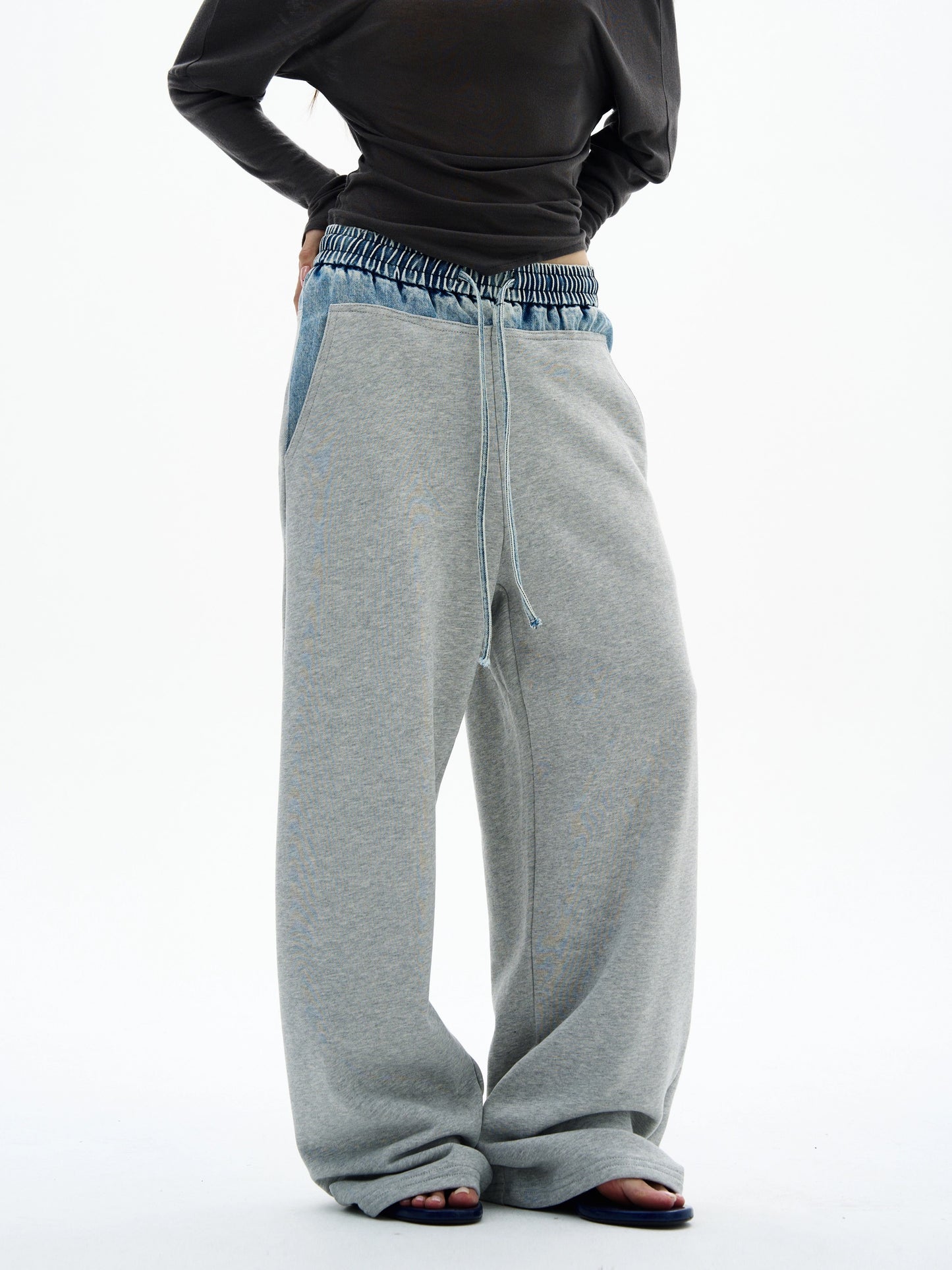 Denim Waistband Wide-Leg Joggers
