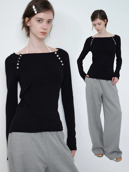 Solveig Button Embellished Boat Neck Top