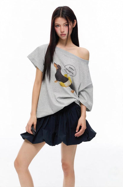 Slouchy Dog Print Off-Shoulder Tee