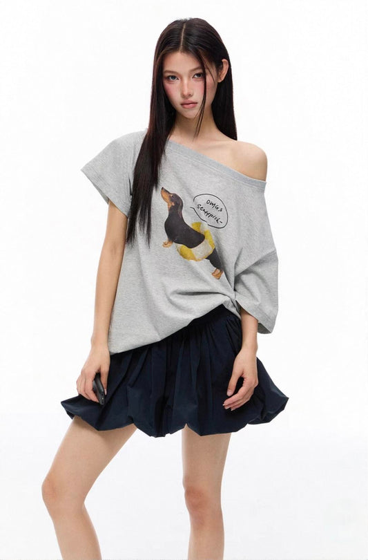 Slouchy Dog Print Off-Shoulder Tee