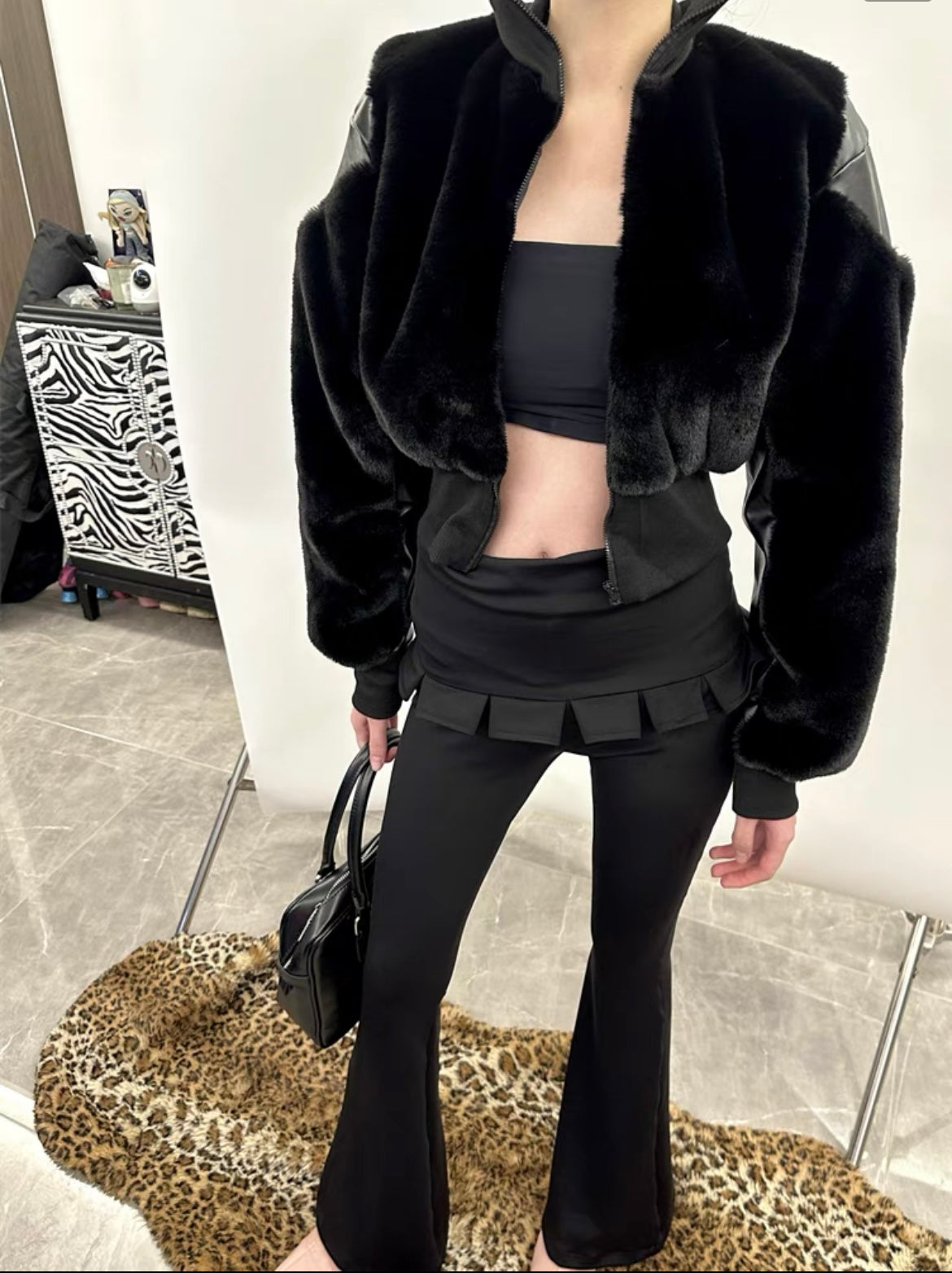 Short Hair Faux Fur Leather Zip Up Jacket In Black