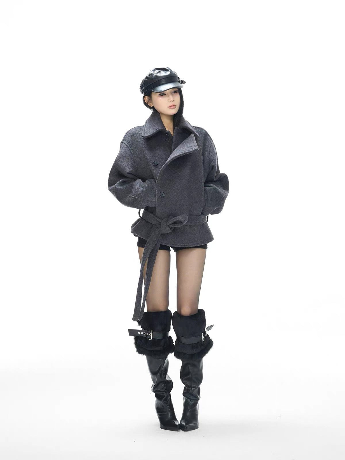 Belted Double Breasted Wool Blend Short Coat