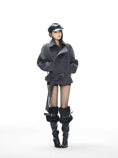 Belted Double Breasted Wool Blend Short Coat