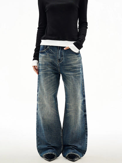 Straight Wide Leg Jeans with Bleached Whisker Effect