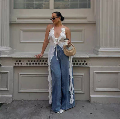 White Cropped V Neck Ruffle Top