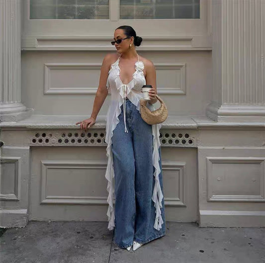 White Cropped V Neck Ruffle Top