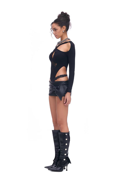 STARTTHEENGINE Oversized Bow Faux Leather Mini Skirt