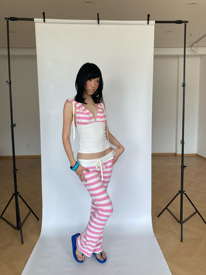 WildFLO Low-Rise Striped Drawstring Flare Trousers